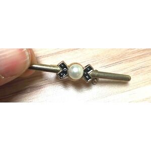 Vintage Gold Tone Tie Clip Bar Black Enamel Cross Design Faux Pearl‎ Mid-Century